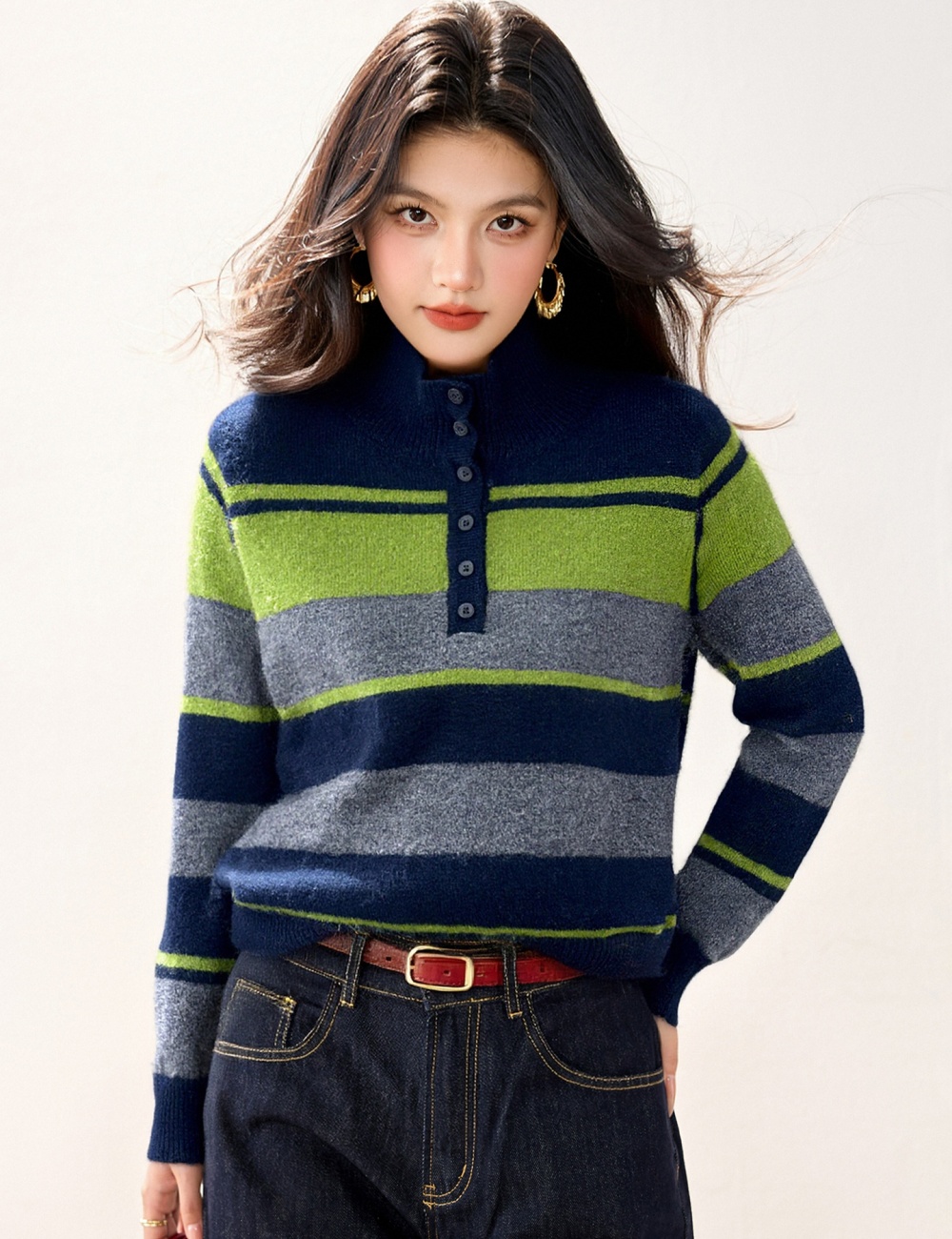 Stripe autumn and winter tops all-match sweater for women