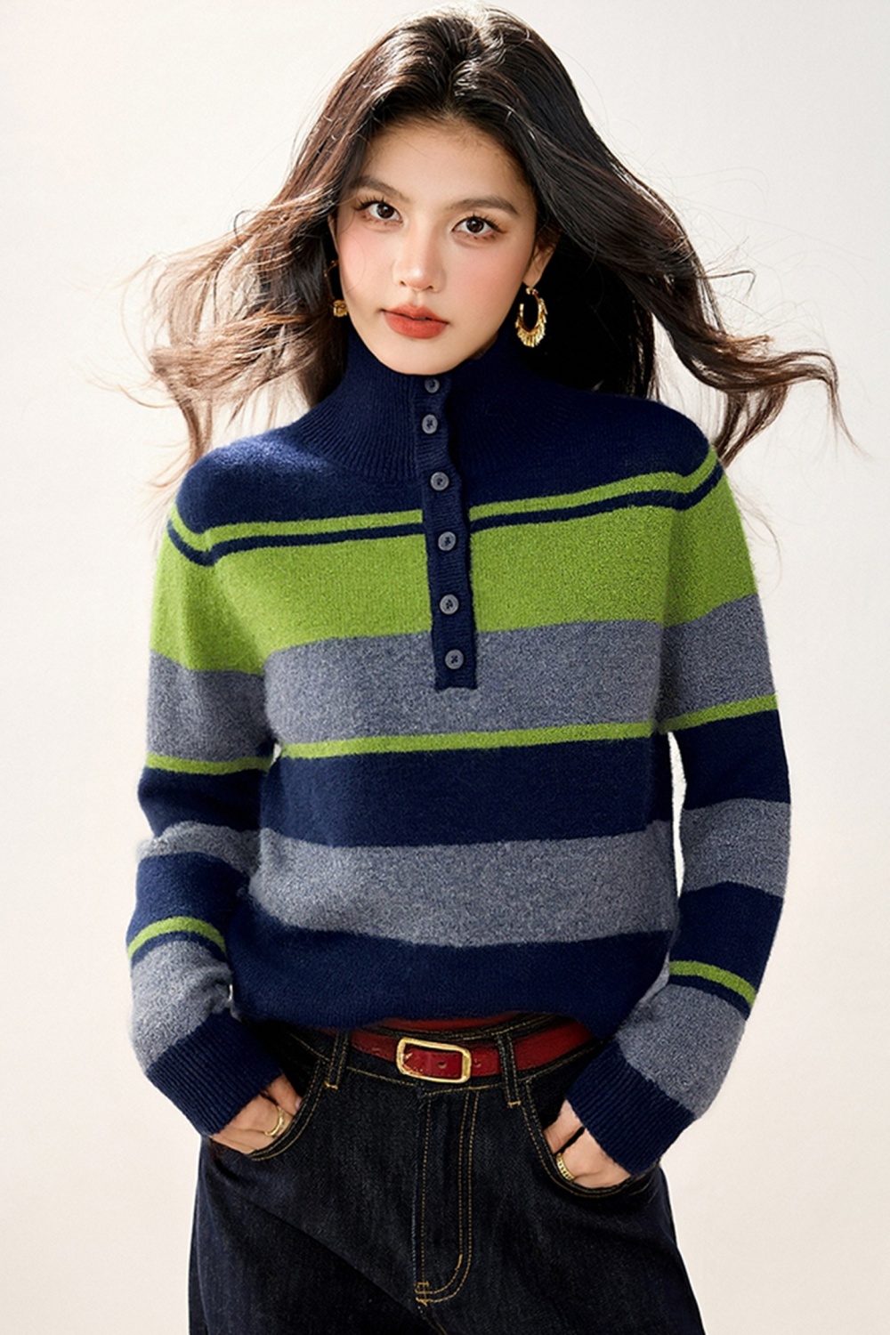 Stripe autumn and winter tops all-match sweater for women