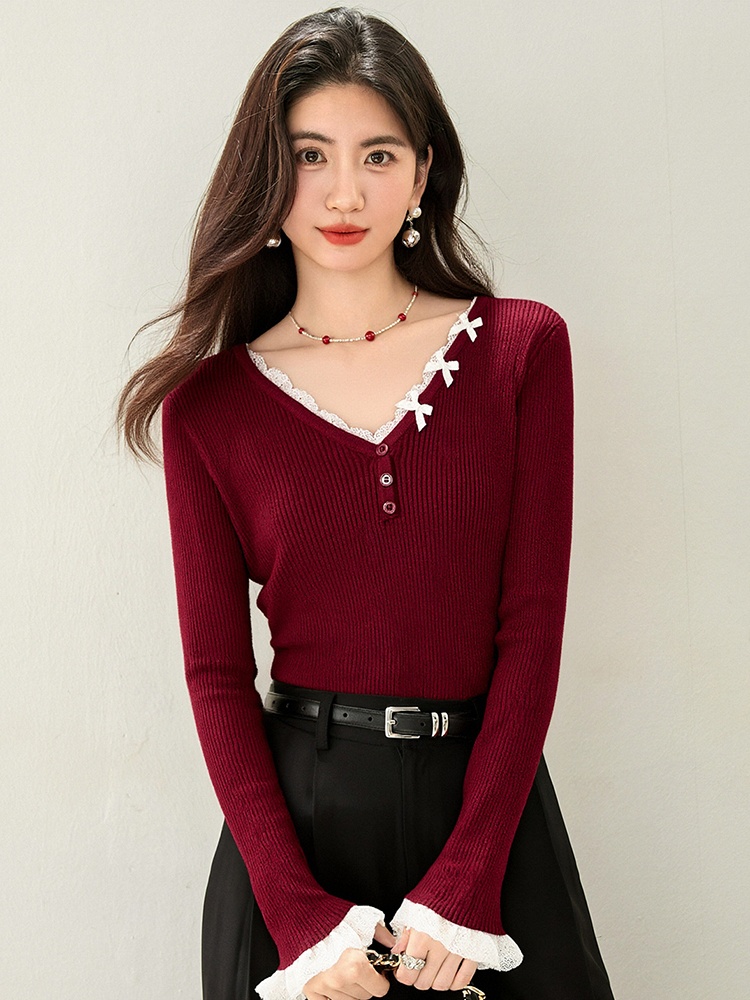 V-neck long sleeve lace inside the ride tops for women