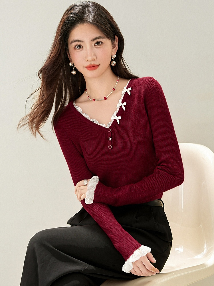 V-neck long sleeve lace inside the ride tops for women