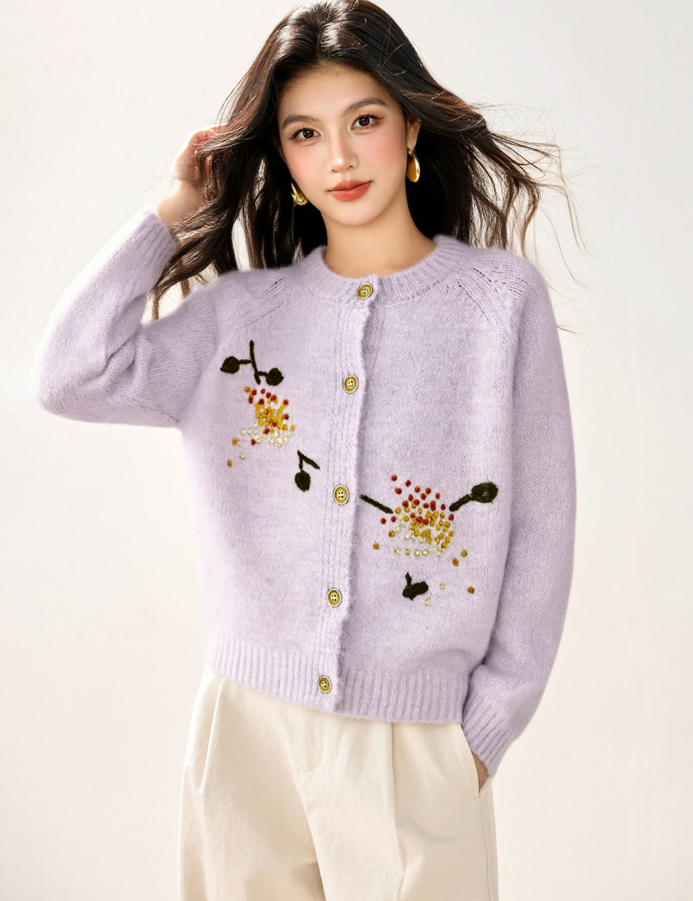 Loose art lazy cardigan embroidered autumn sweet sweater