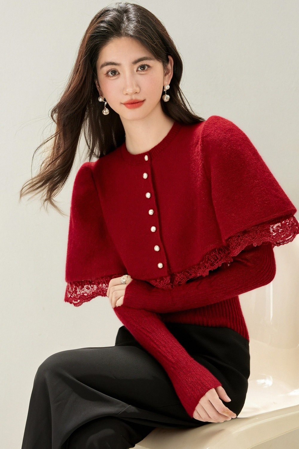 Splice retro lace shawl knitted France style sweater