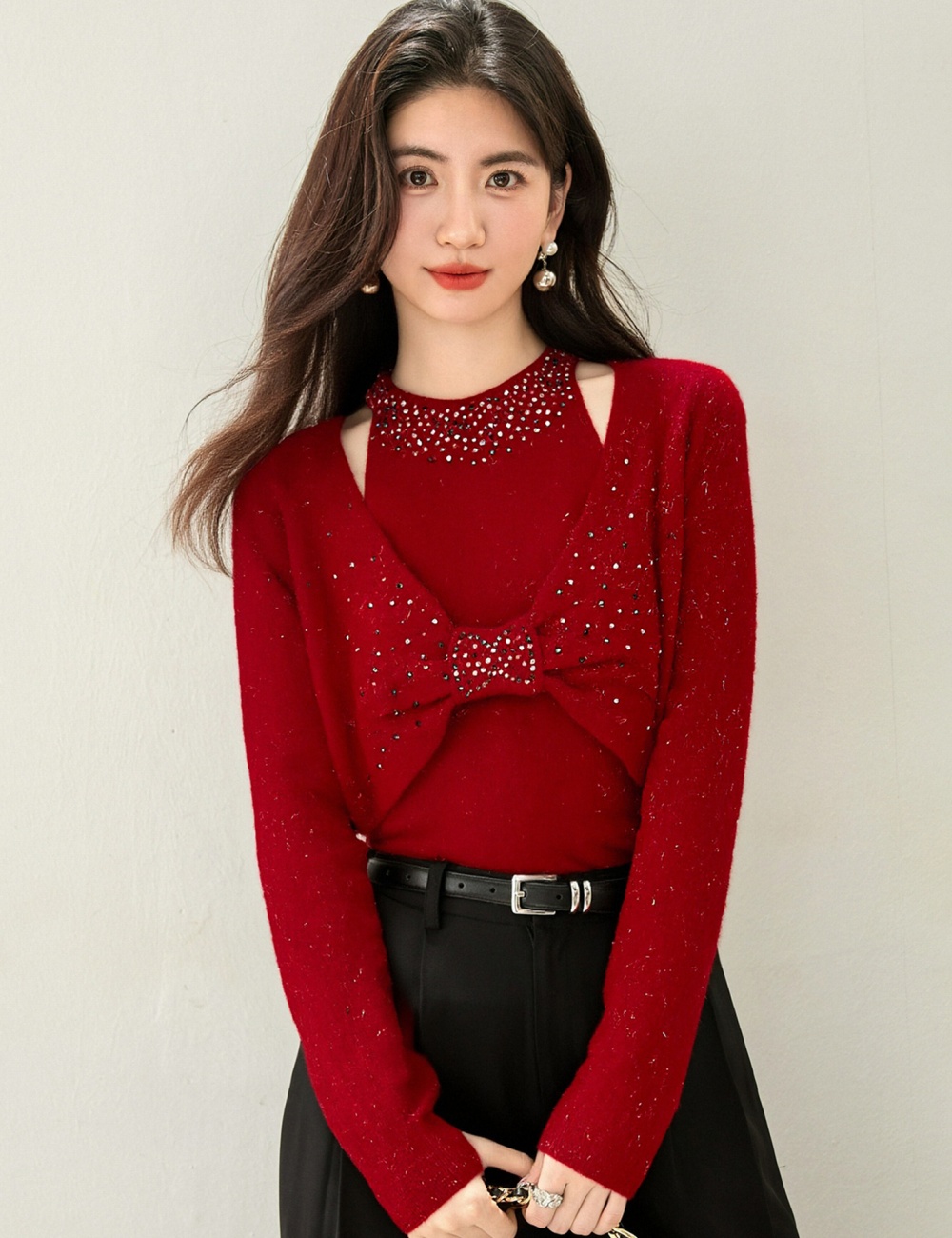 Spring winter sweater slim rhinestone tops for women