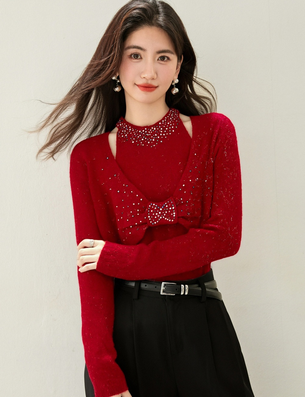 Spring winter sweater slim rhinestone tops for women