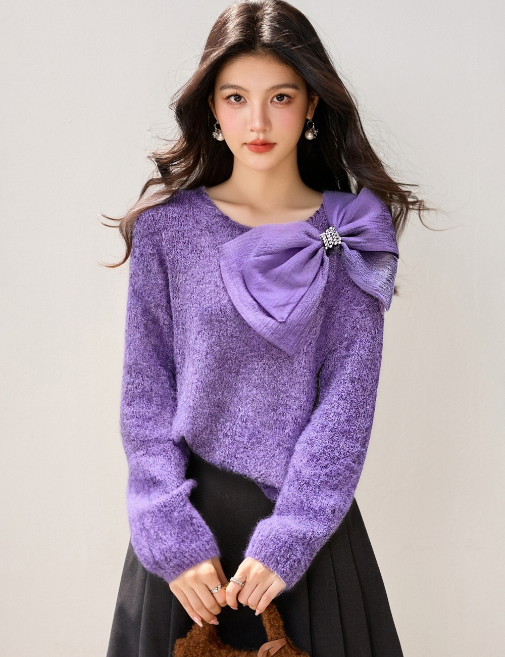 Loose long sleeve lazy winter bow sweater for women