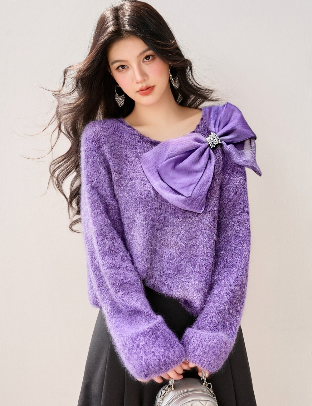 Loose long sleeve lazy winter bow sweater for women
