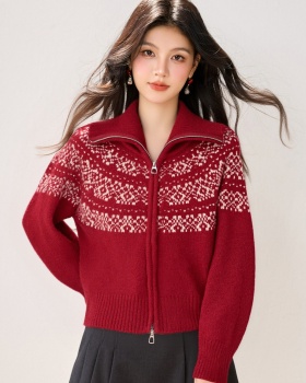 Winter jacquard sweater double zip cardigan for women