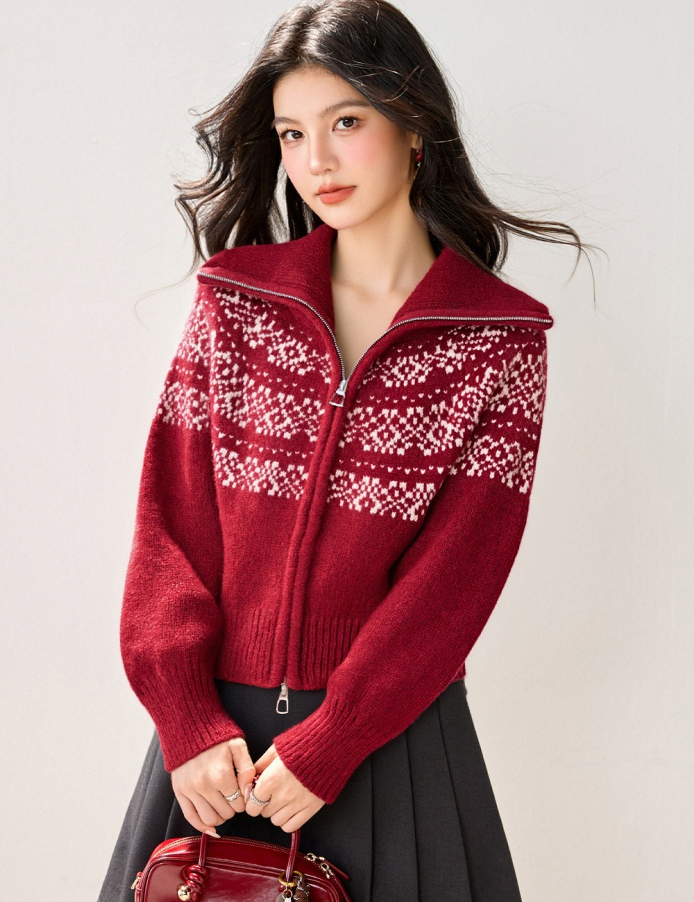 Winter jacquard sweater double zip cardigan for women