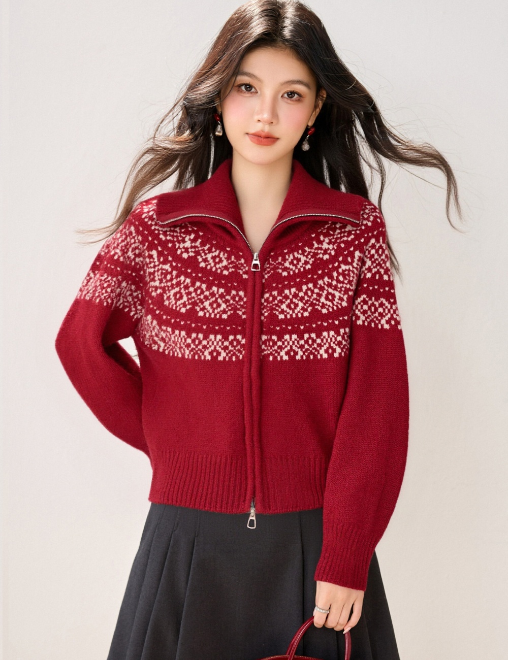 Winter jacquard sweater double zip cardigan for women