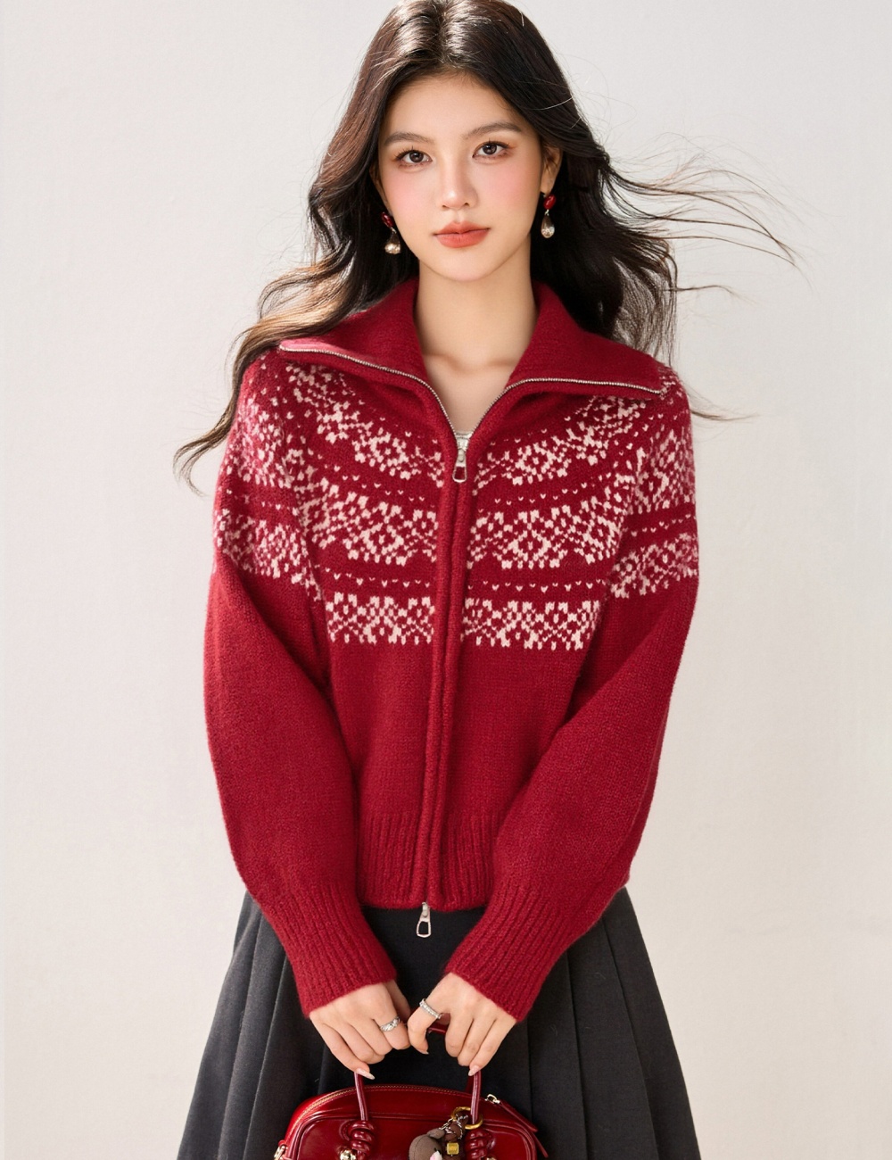Winter jacquard sweater double zip cardigan for women