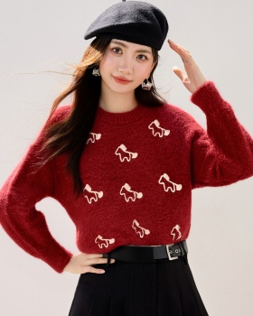 Winter jacquard pony loose long sleeve round neck sweater
