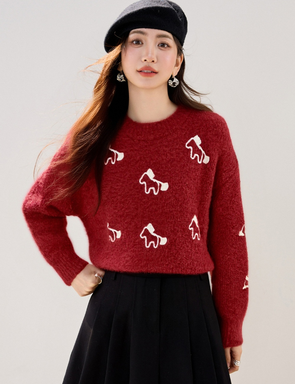 Winter jacquard pony loose long sleeve round neck sweater
