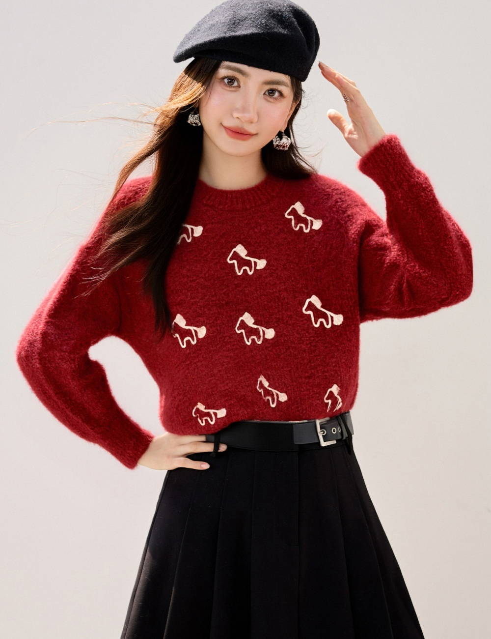 Winter jacquard pony loose long sleeve round neck sweater