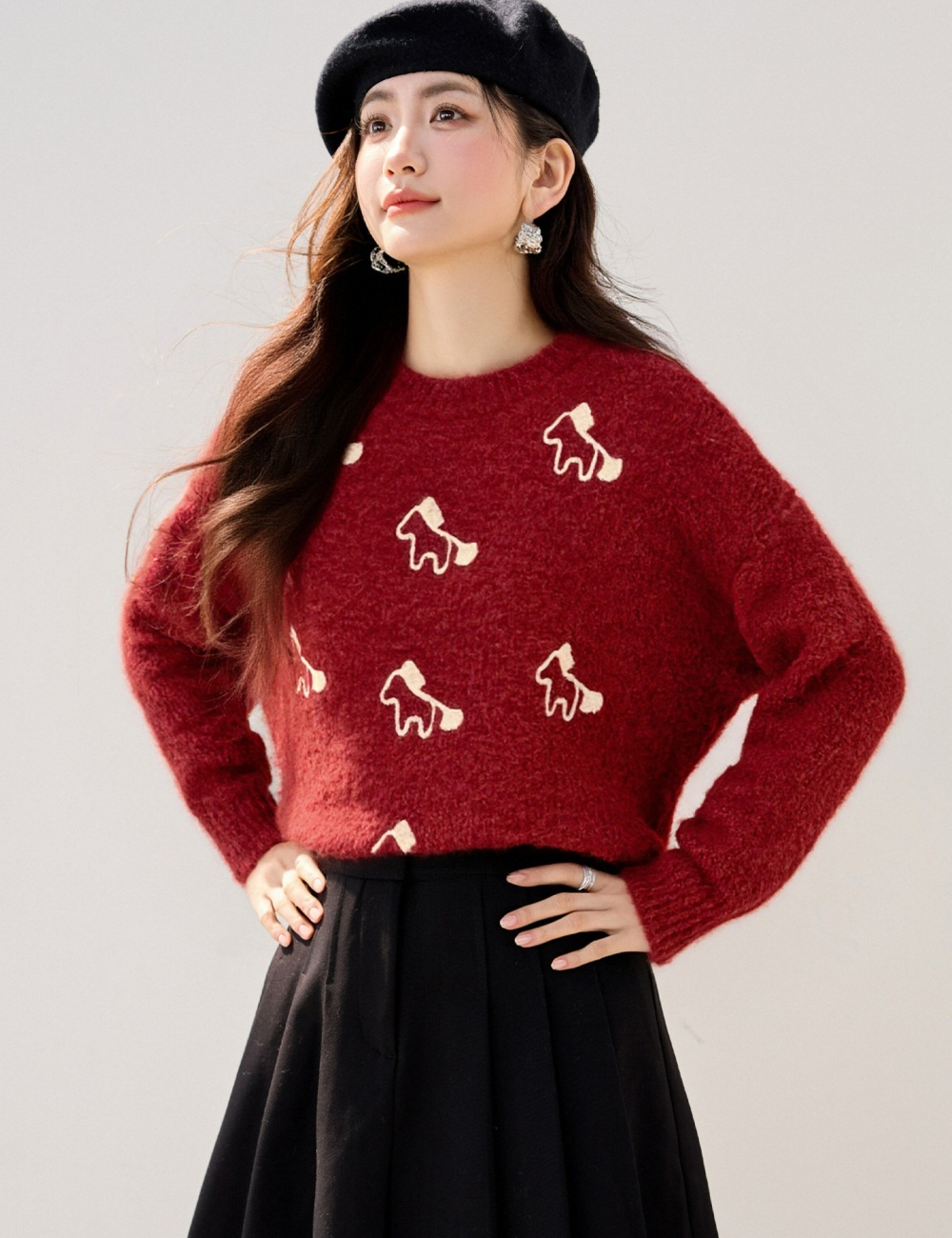 Winter jacquard pony loose long sleeve round neck sweater