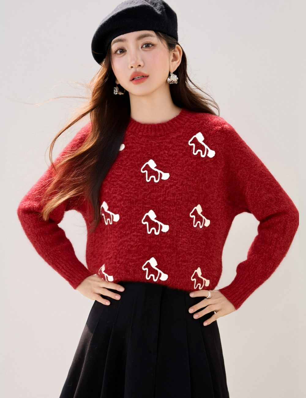 Winter jacquard pony loose long sleeve round neck sweater