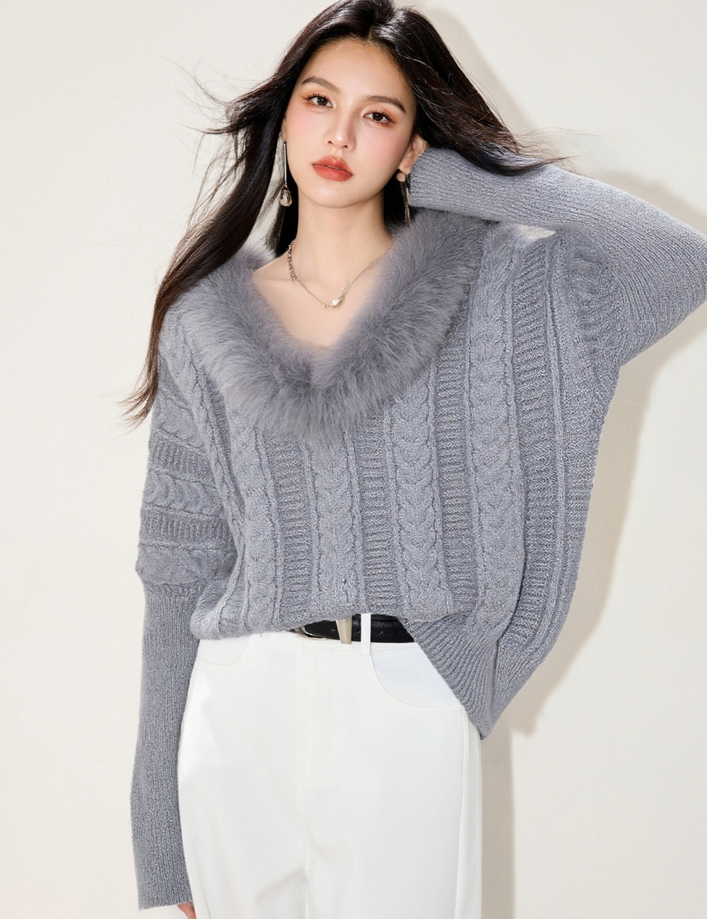 Lazy V-neck sweater France style bat sleeve tops