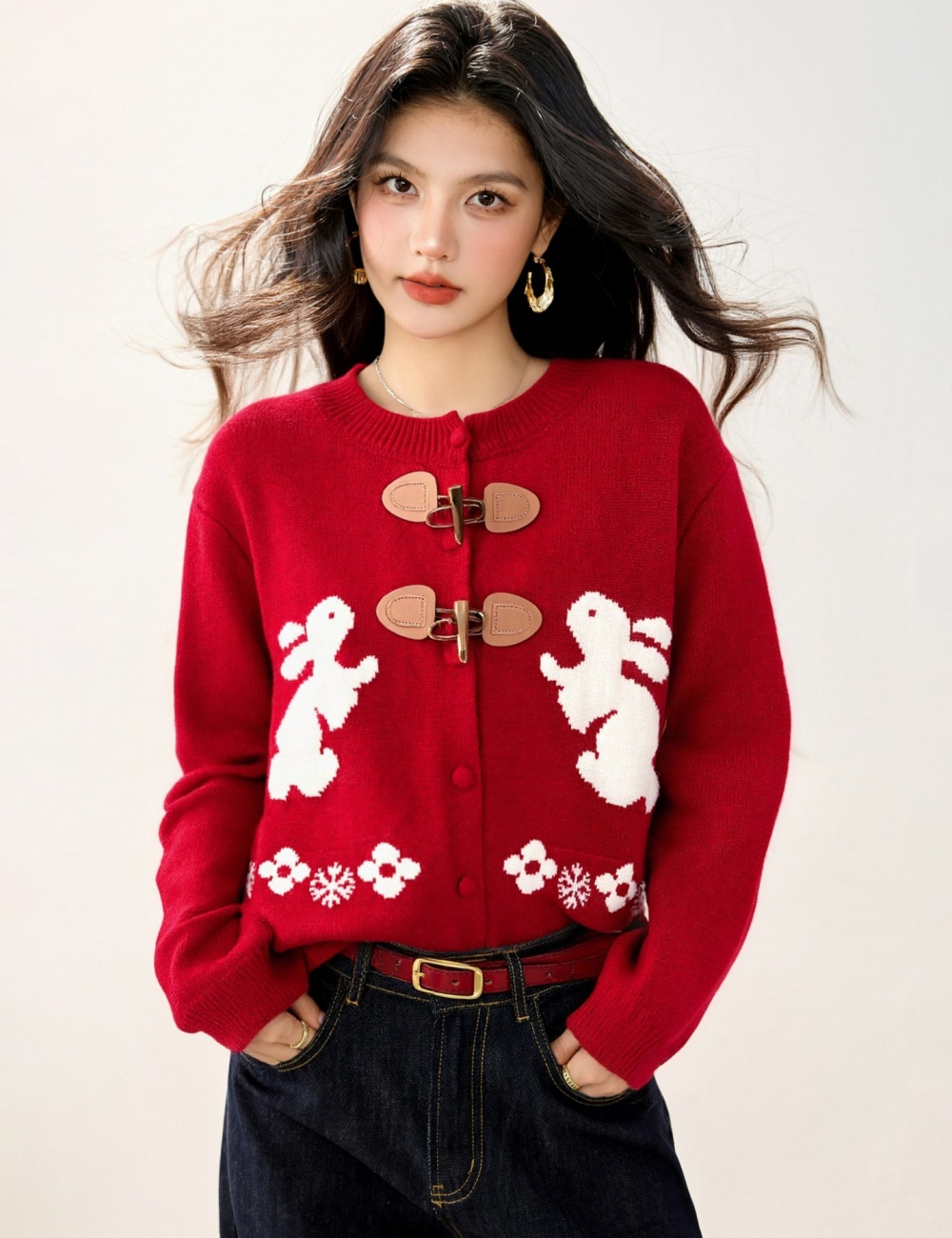 Autumn and winter rabbit sweater horn buckle cardigan