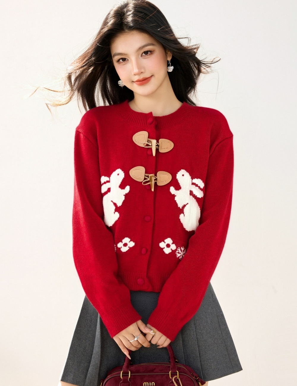 Autumn and winter rabbit sweater horn buckle cardigan