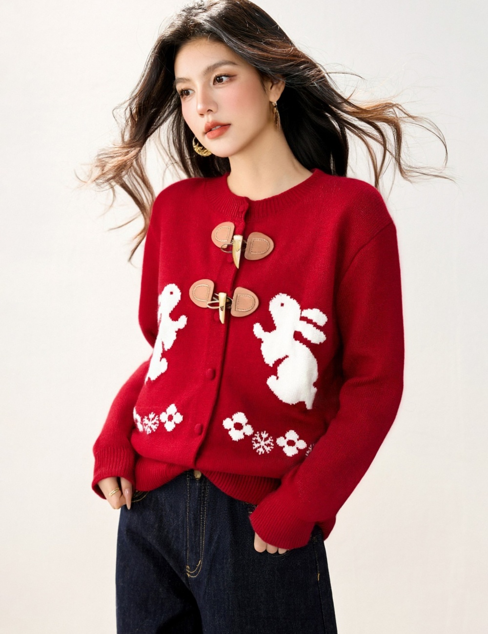 Autumn and winter rabbit sweater horn buckle cardigan