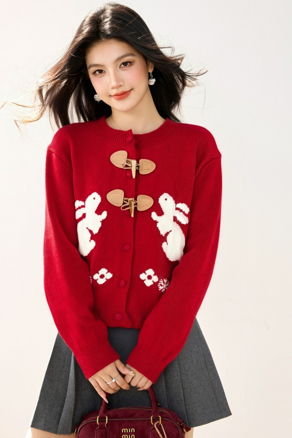 Autumn and winter rabbit sweater horn buckle cardigan
