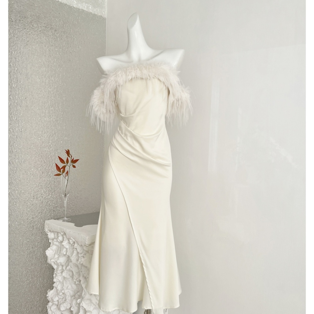 Flat shoulder autumn prom white dress