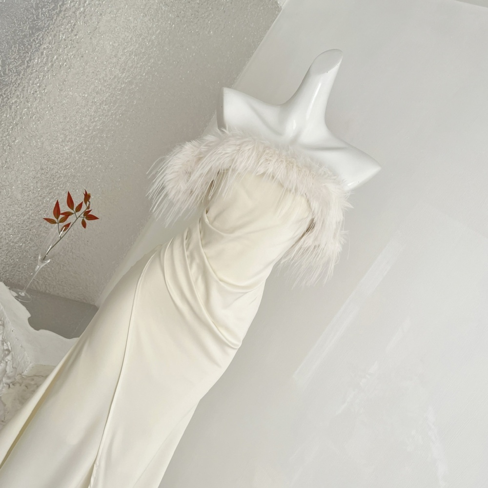 Flat shoulder autumn prom white dress