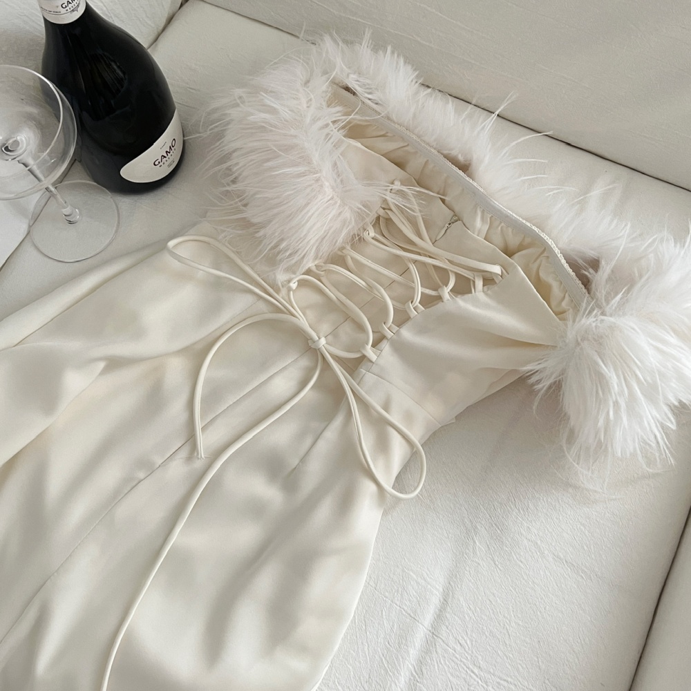 Flat shoulder autumn prom white dress