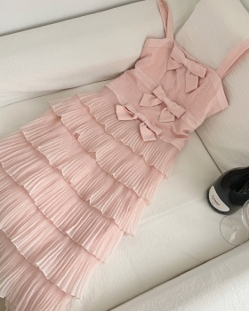 Gauze bow sweet pleated lace white long dress