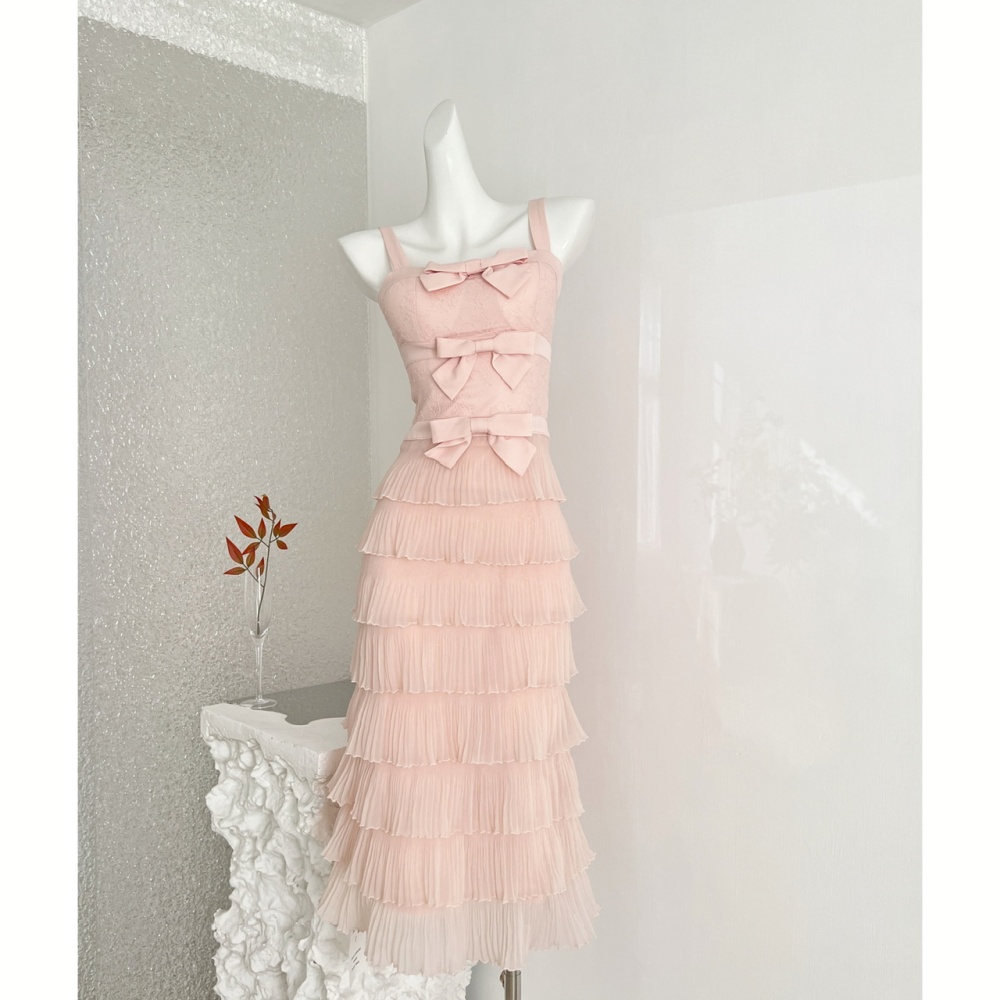 Gauze bow sweet pleated lace white long dress