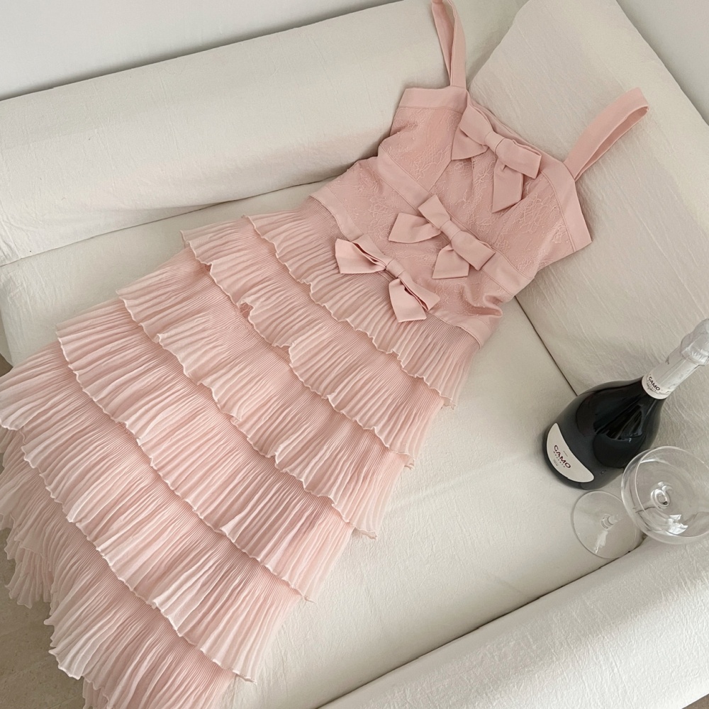 Gauze bow sweet pleated lace white long dress