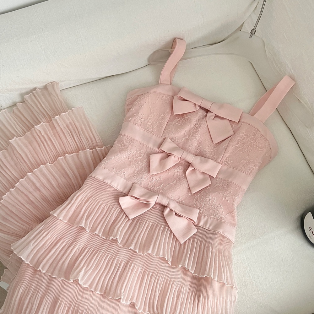 Gauze bow sweet pleated lace white long dress