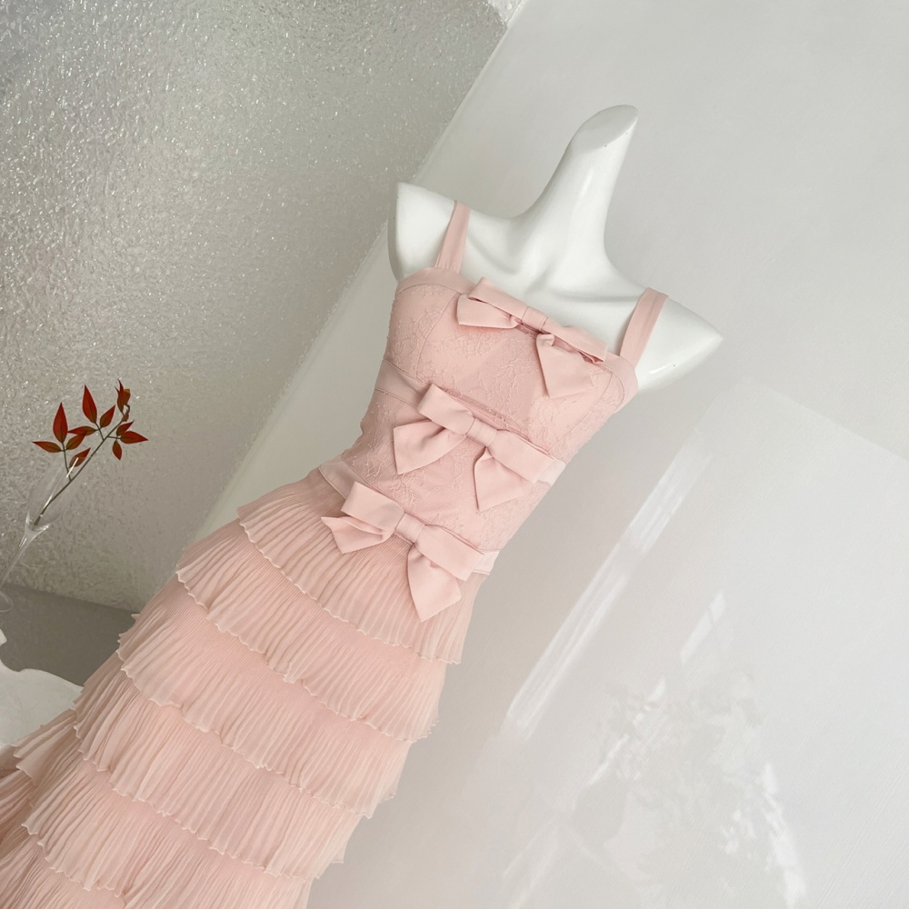 Gauze bow sweet pleated lace white long dress