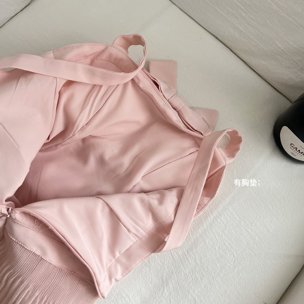 Gauze bow sweet pleated lace white long dress