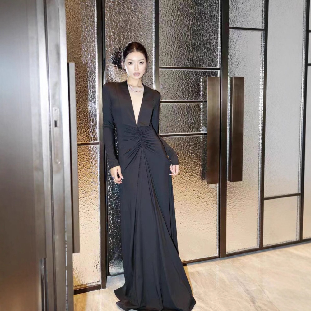 Temperament big skirt black dress pinched waist V-neck long dress