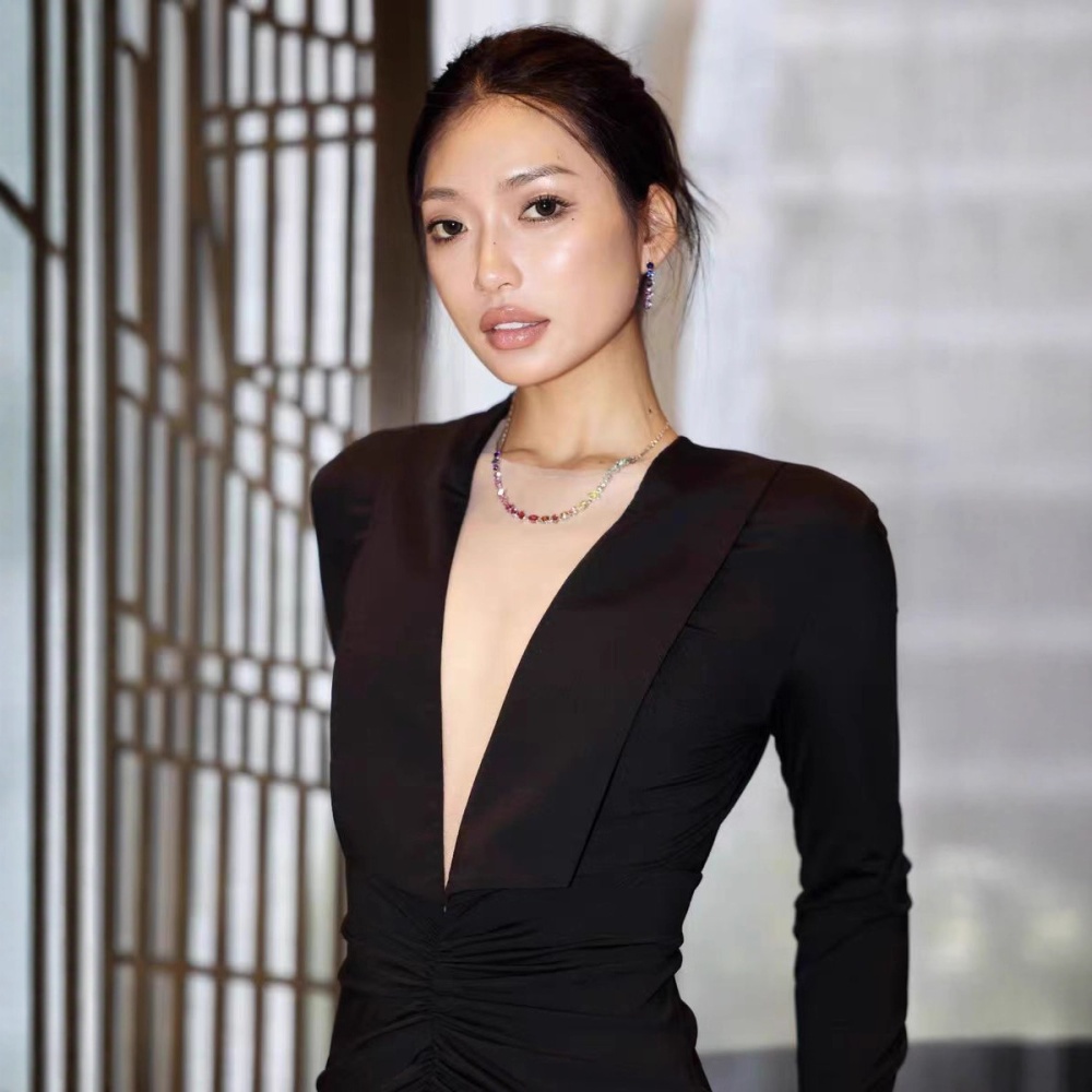 Temperament big skirt black dress pinched waist V-neck long dress