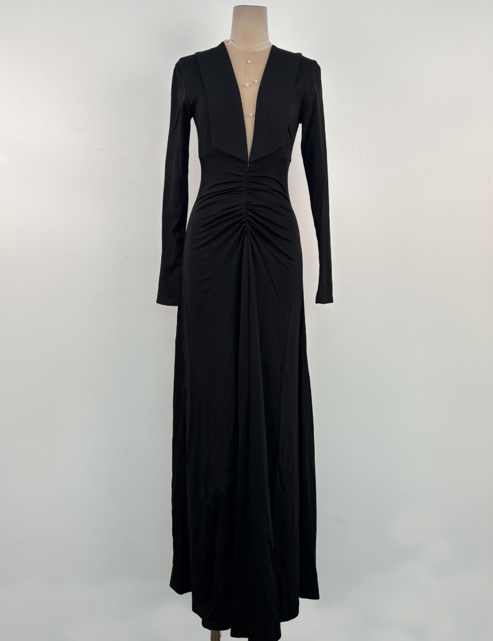 Temperament big skirt black dress pinched waist V-neck long dress