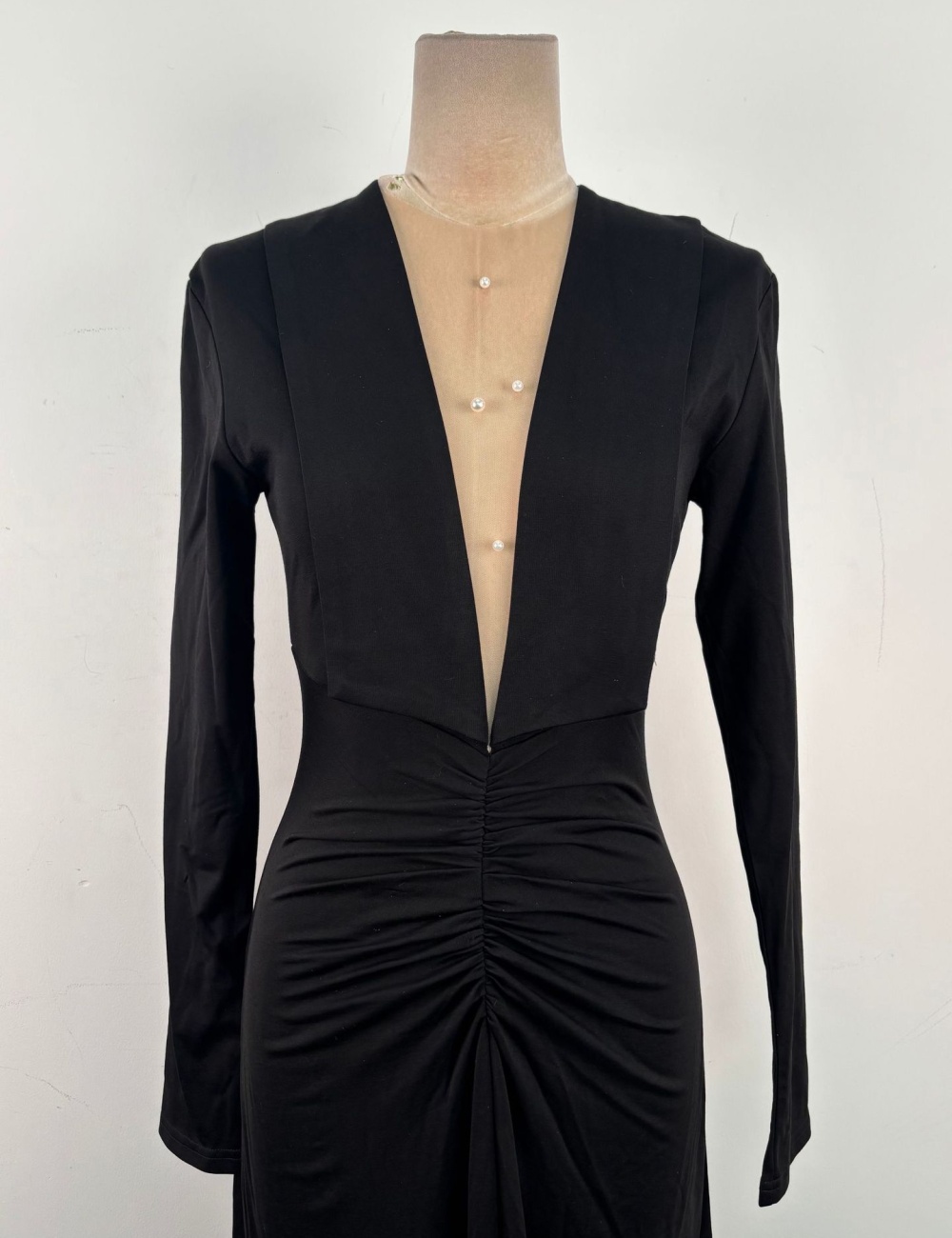 Temperament big skirt black dress pinched waist V-neck long dress