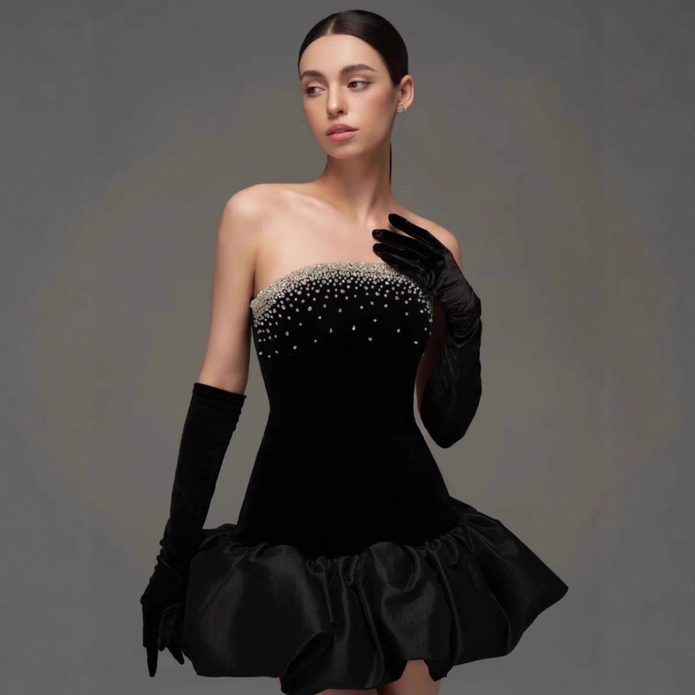 Beading wrapped chest niche dress velvet temperament T-back