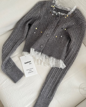 Twist lace shiny sweater gray pinched waist tops