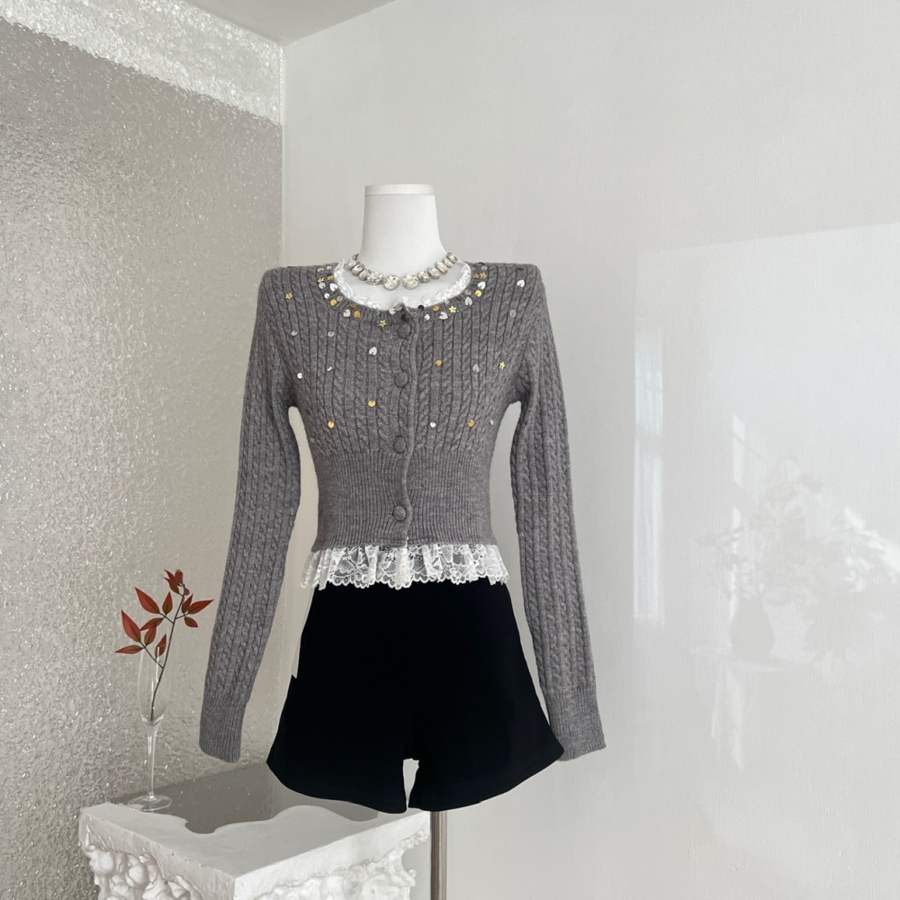 Twist lace shiny sweater gray pinched waist tops