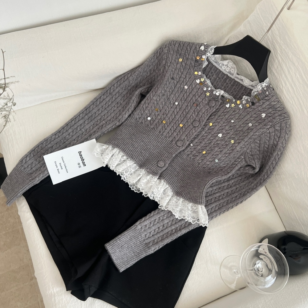 Twist lace shiny sweater gray pinched waist tops