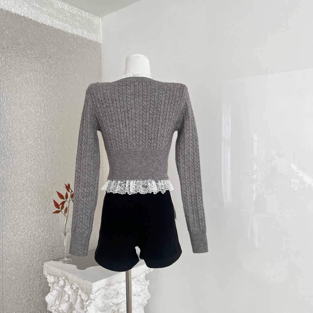 Twist lace shiny sweater gray pinched waist tops