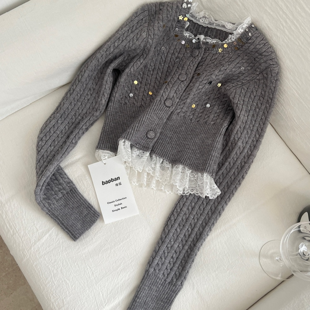 Twist lace shiny sweater gray pinched waist tops