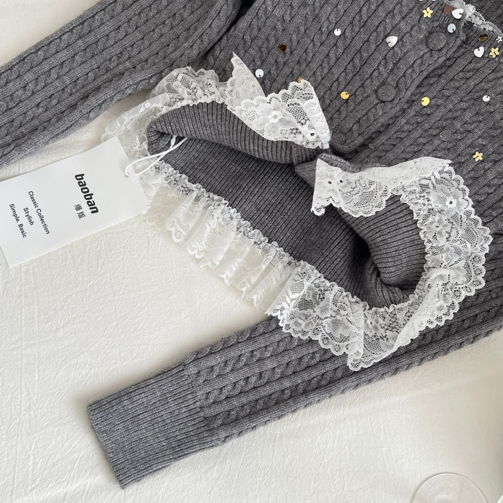 Twist lace shiny sweater gray pinched waist tops