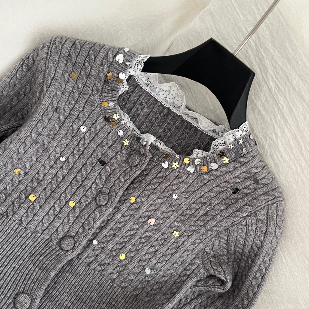 Twist lace shiny sweater gray pinched waist tops