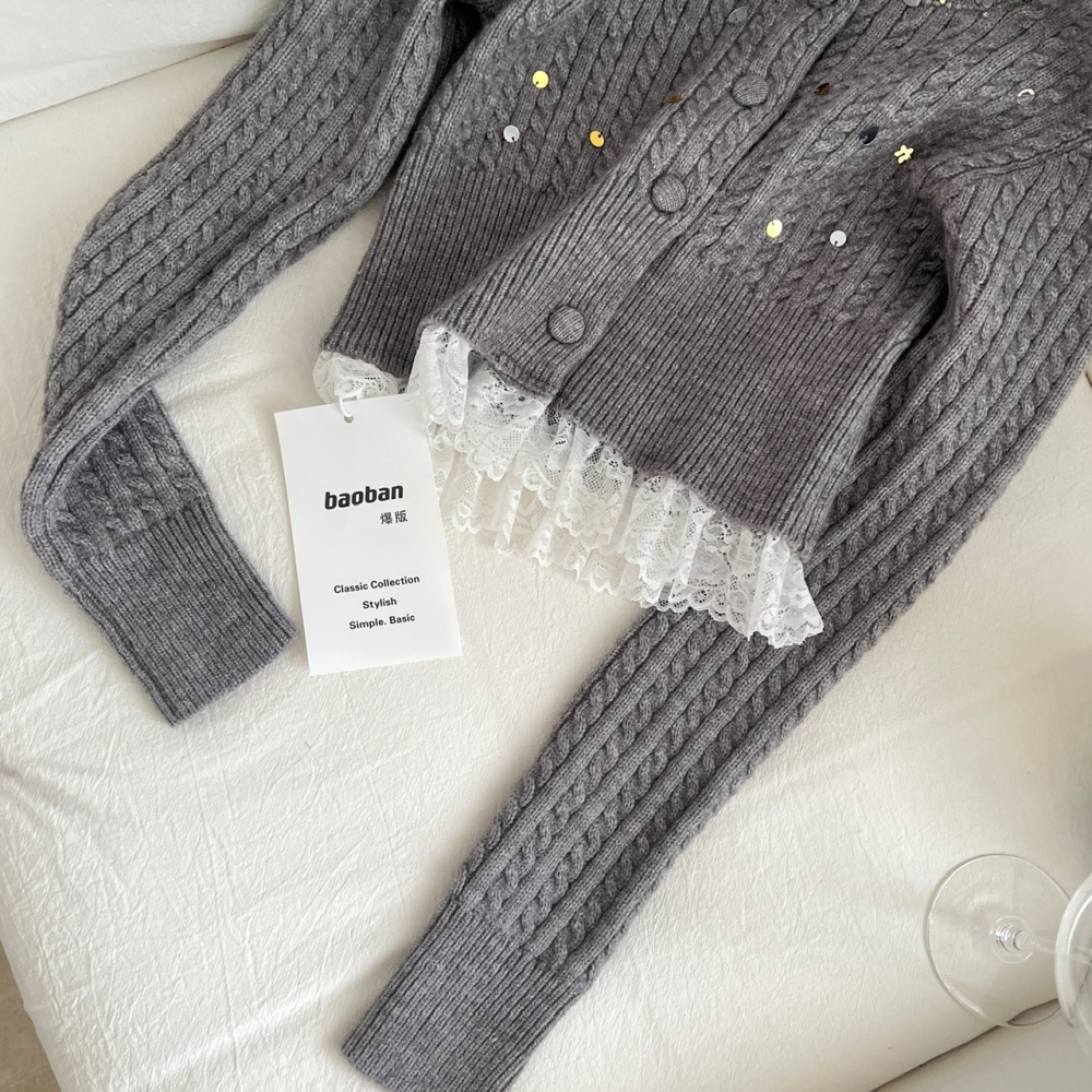 Twist lace shiny sweater gray pinched waist tops