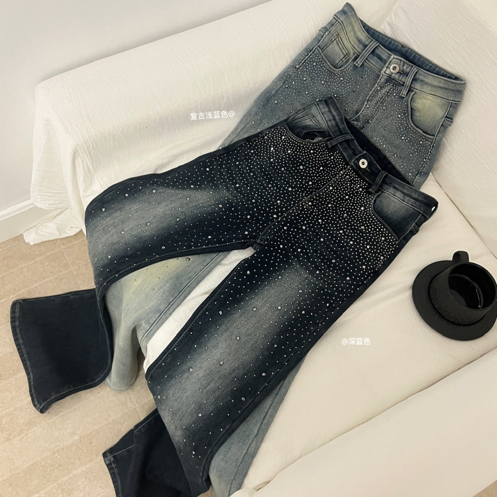 Plus velvet crimp jeans rhinestone starry flare pants