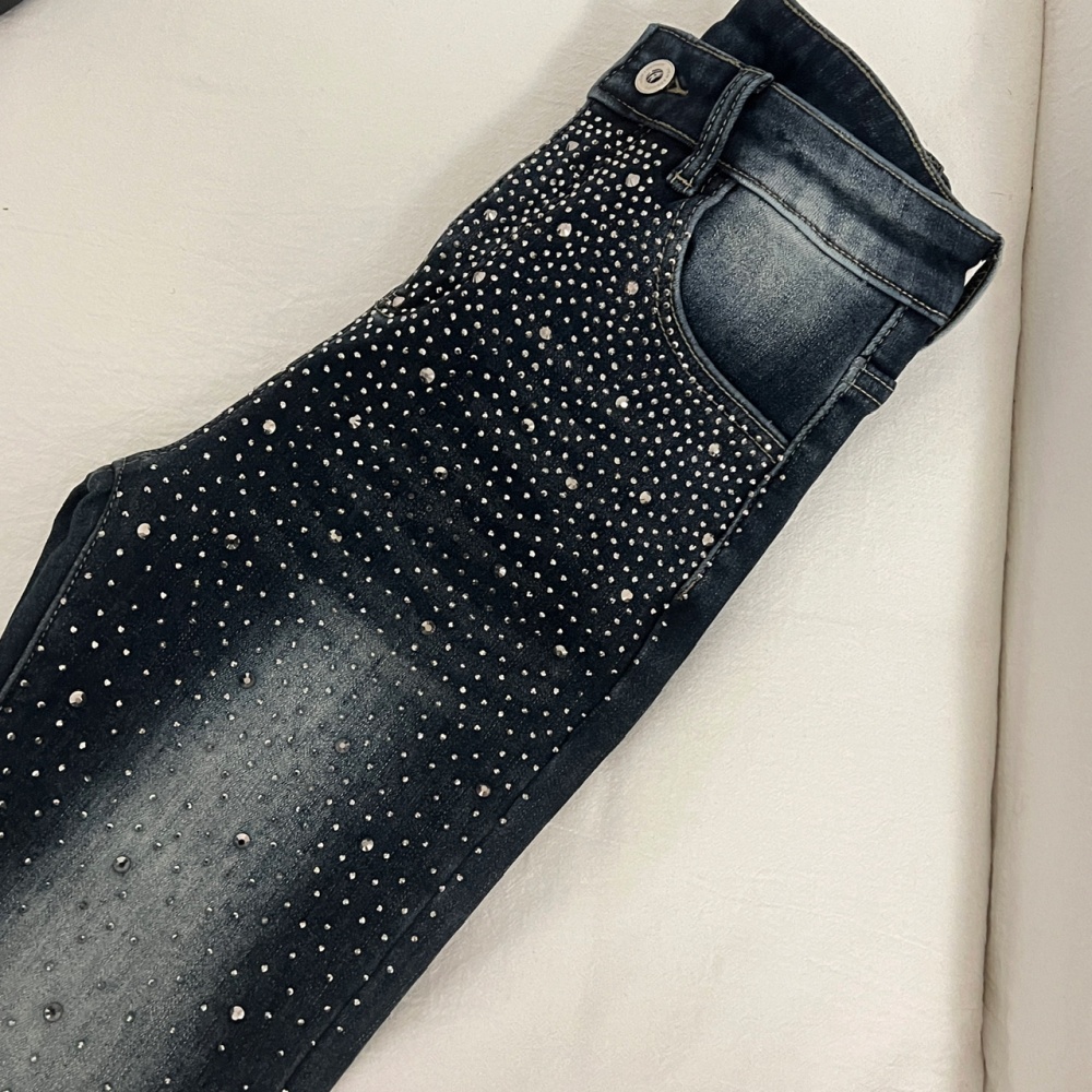 Plus velvet crimp jeans rhinestone starry flare pants