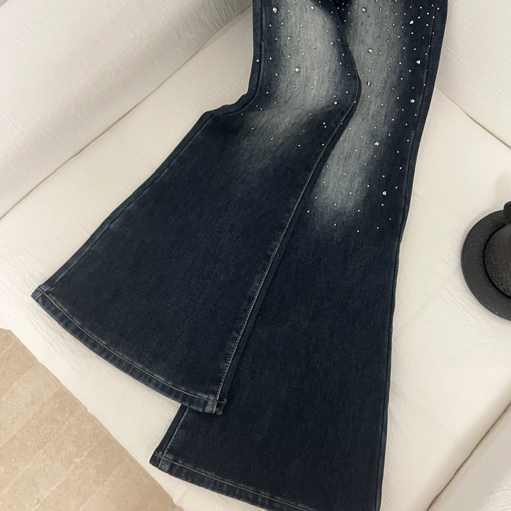 Plus velvet crimp jeans rhinestone starry flare pants