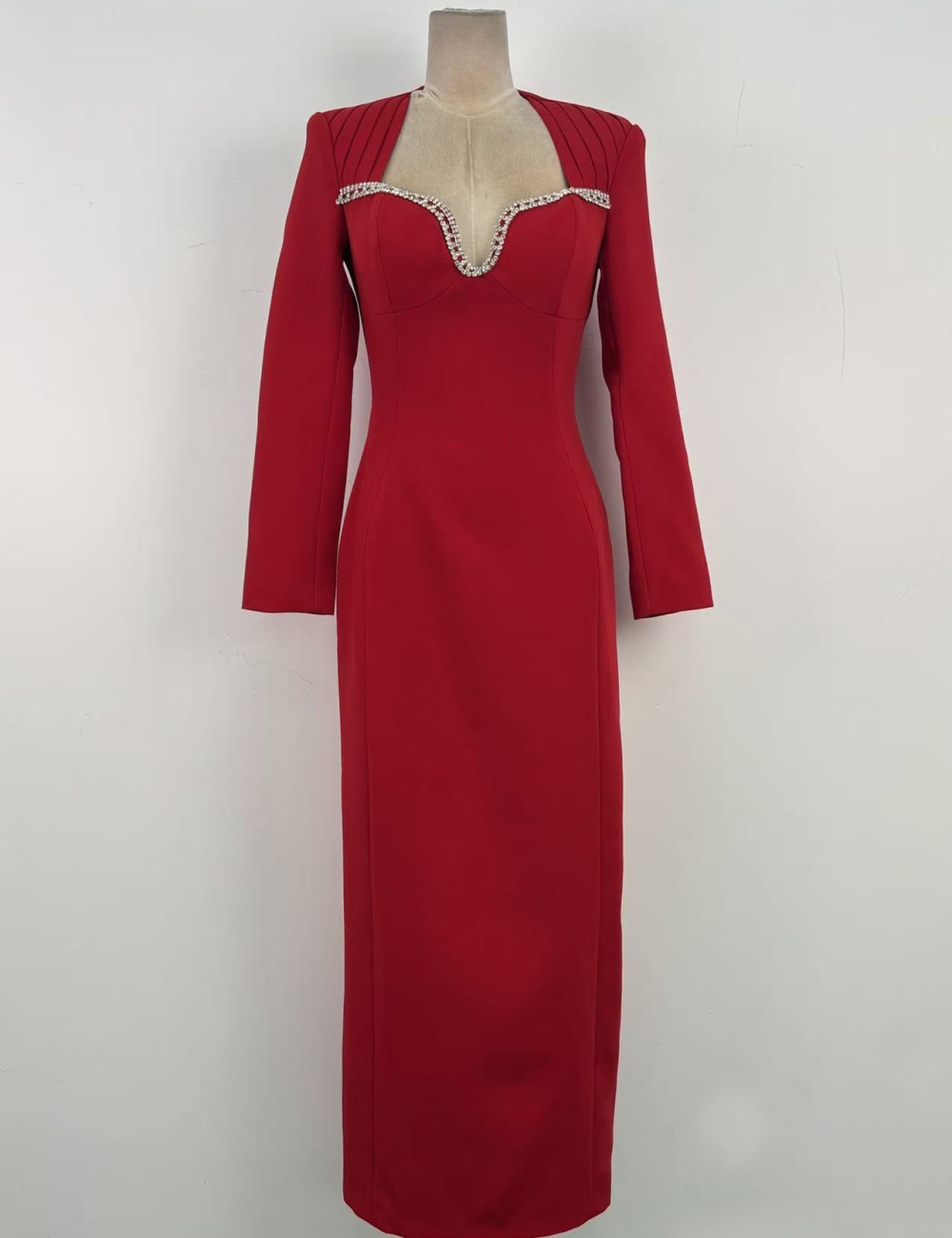 Temperament red niche evening dress rhinestone low-cut dress